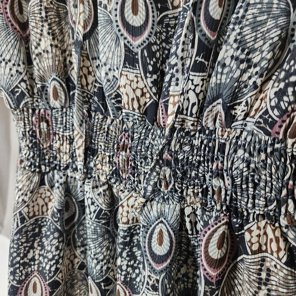 Veronica M Catia Peacock Feather Print Chiffon Smocked Dress L - Picture 8 of 17